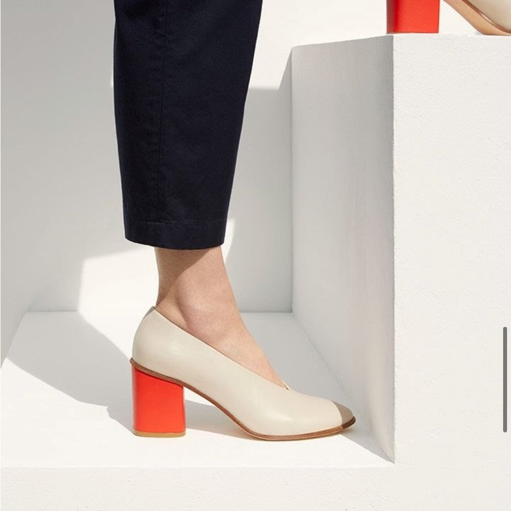 COS Cream and Red Ankle Booties with Geometric Heel